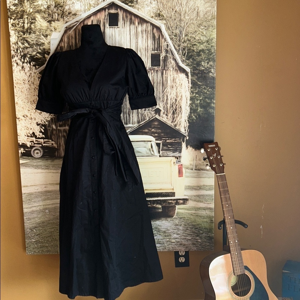 Love whit Classic Black Midi Dress with Tie Waist and Puff Sleeves - Picture 2 of 5